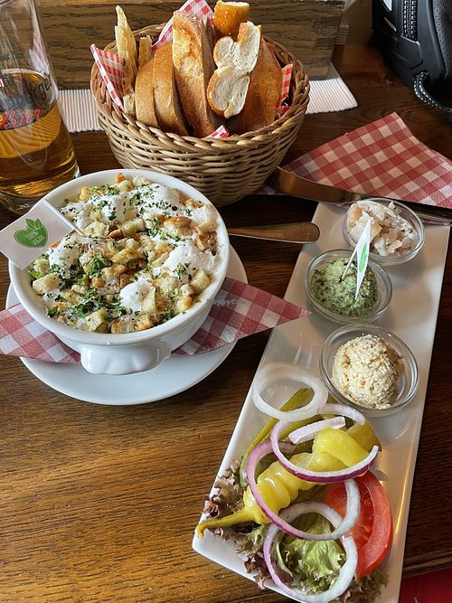 Pea soup and a starter with several spreads and delicious bread  at Bubi's Schihuette in Soelden