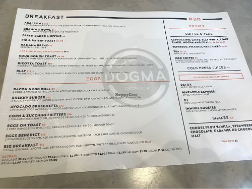 Breakfast menu at Dogma Cronulla in Cronulla