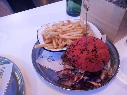 Burger and fries at Veg Bar Hobart at Veg Bar in North Hobart