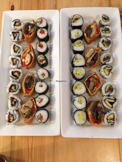 Roasted Red Pepper and Mushroom California Roll, Vegan Smoked Carrot and Cucumber Maki and Pickled Red Onion and Marinated Tofu Pockets Nigiri at Green & Vegan - Pop-Up in Cape Town