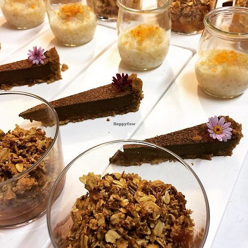 Trio of desserts.
Spiced Vanilla Sago, Chocolate Ganache Tarte and Plum and Apple Cobbler at Green & Vegan - Pop-Up in Cape Town