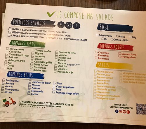 build your own salad sheet at Vert Midi in Marrakech