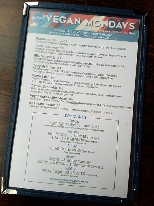 Vegan Monday menu at Hadley's in Columbus