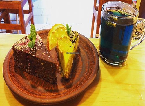 Raw chokolat cake and best herbal teas  at Anahata Fine Food in Kyiv