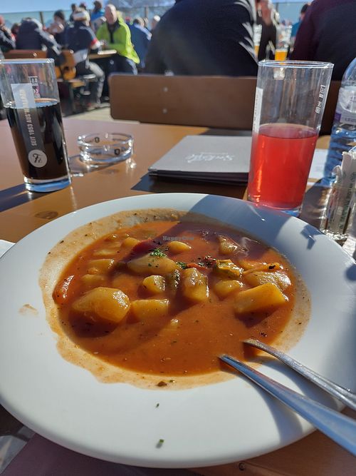 Vegan potato gullash soup at Bergrestaurant Seekopf in Zuers Am Arlberg