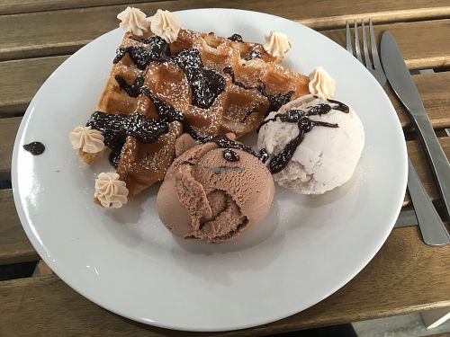 Vegan waffles with ice cream, chocolate sauce and whipped cream. at Gelato 101 Vegan Artisan in Northbridge