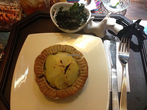 Leek and potato tart - comes with chard chips, vegan banana bread, and tea at IncaZen Tea House in Otavalo