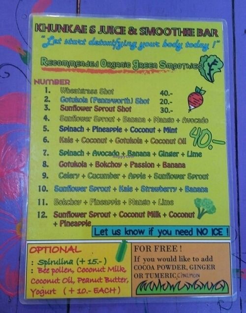 menu 1 at Khun Kae's Juice Bar in Chiang Mai