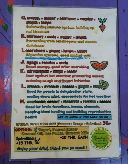 menu 3 at Khun Kae's Juice Bar in Chiang Mai