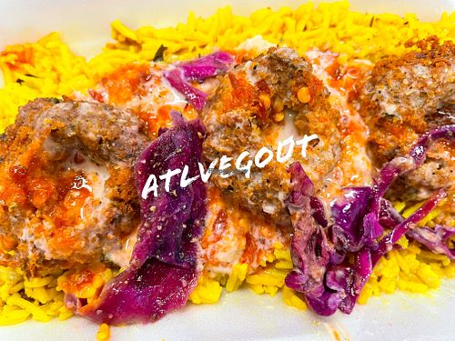 Vegan spicy falafel and yellow rice bowl  at Medi's Mediterranean Fusion Restaurant in Macon
