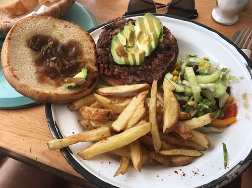 bean burger with side salad and fries at Cafe Mouja in Taghazout