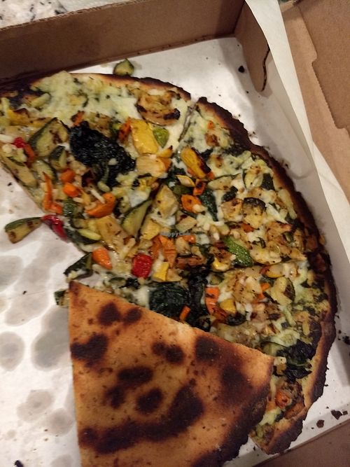 burnt pesto & veg pizza, eatable aside from crust at Pazzo Wood Fired Pizza in Wading River