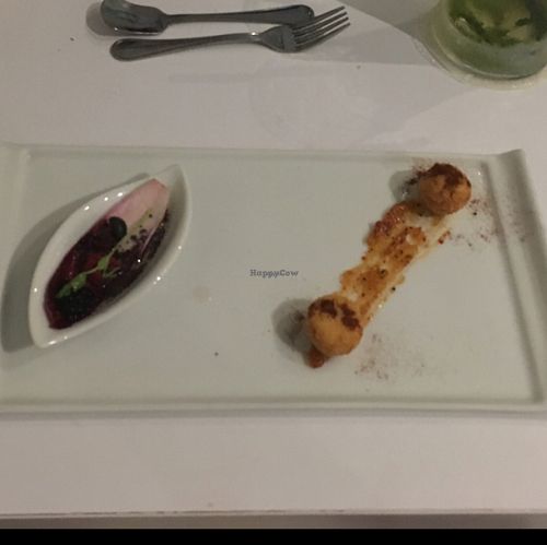 Degustation menu, dish 6: vegan cheese balls, pineapple jam, endive at Barat Vegeliciously Mediterranean in Kuala Lumpur