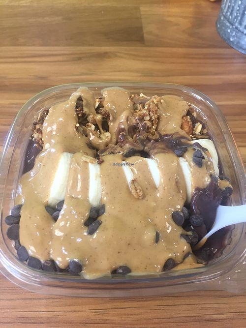 Açai Bowl with GF granola, banana, chocolate chips and peanut butter ??  at zest in Fairfield