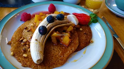 Buckwheat pancakes at Sandburne Vegetarian Guest House in Keswick