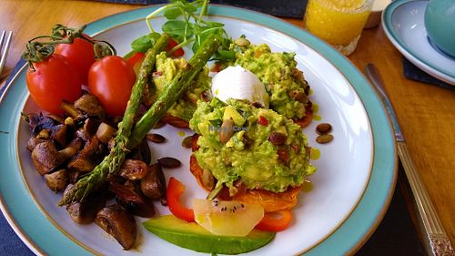 Avocado on sweet potato 'toast' at Sandburne Vegetarian Guest House in Keswick