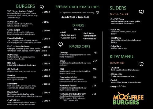 Burgers and fries menu  at MooFree Burgers  in Maroochydore