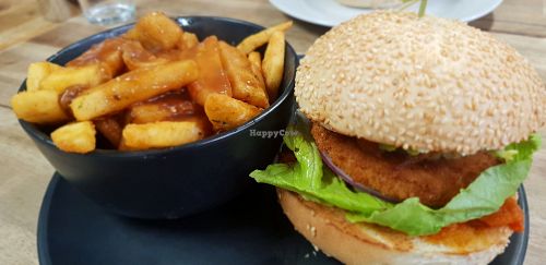 Chicken burger with loaded fries, gravy at MooFree Burgers  in Maroochydore