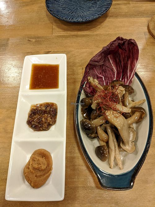 Mushroom salad, vegetarian firendly, on main menu. Black bean ferment, miso, mushroom soya sauce vinegar dips at Hakko in Hirao