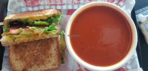 Rye vegan sandwich and vegan tomato soup at Tom + Chee in Katy