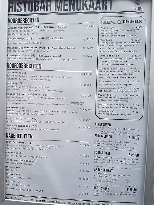 menu at Ristobar Cinecitta in Tilburg