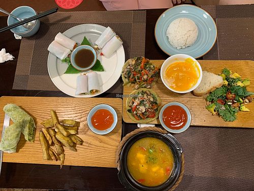 we had mango curry (best), starter plate, spring rolls and spinach wrap at The Veg - Organic Vego and Tea in Hanoi