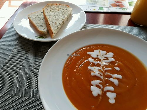 Vegan soup with bread at The Veg - Organic Vego and Tea in Hanoi