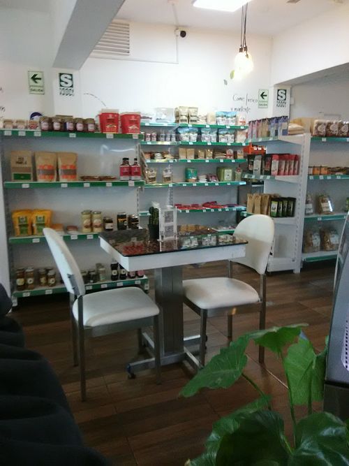 Interior view showing healthy grocery products at AMMA PERU in Miraflores