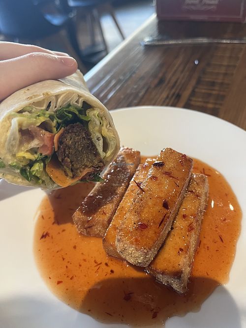 Fried tofu with chipotle maple sauce and the "vegetarian wrap" with falafel (vegan)  at Tartan Toque in Victoria