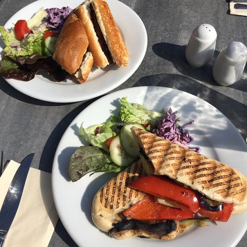 Mediterranean veg, vegan cheese panini. Vegan sausage and onion baguette.  at The Allotment in Dover