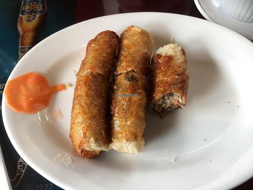 Veggie spring rolls. The fish sauce --- is house made and vegan.  at Dong Nai  in Kingston