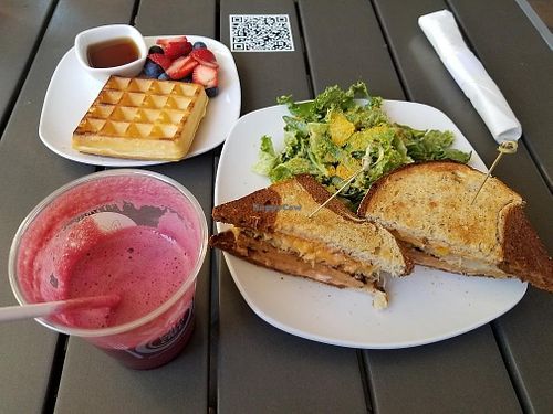 Vegan Reuben, Beets by Greg, vegan waffle, vegan cesar salad at MidMod Cafe in Palm Springs