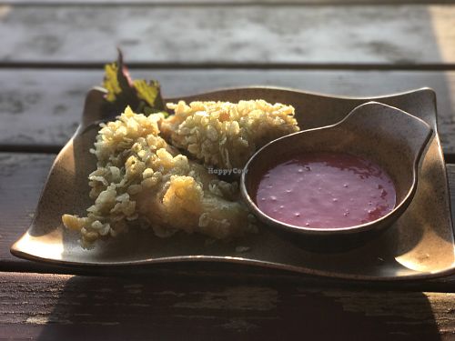 starter - friend tofu in rice crisps with a strawberry sauce  at Kinza in Berlin