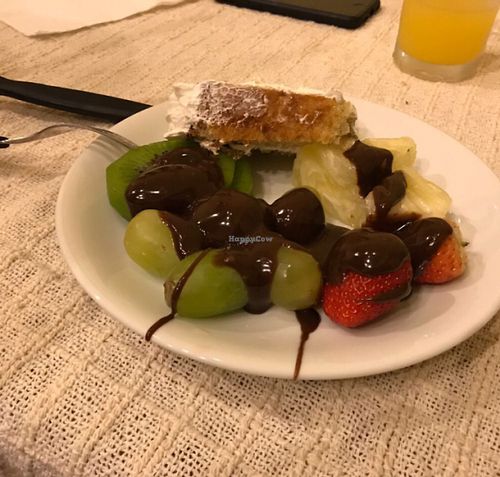 Dessert - cake and chocolate fondue at Rancho dos Gnomos in Joanopolis