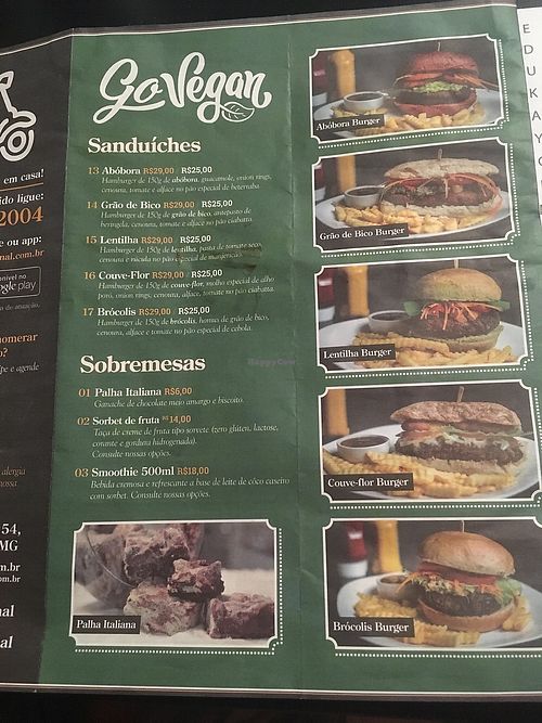 Vegan menu at Black Burger in Belo Horizonte