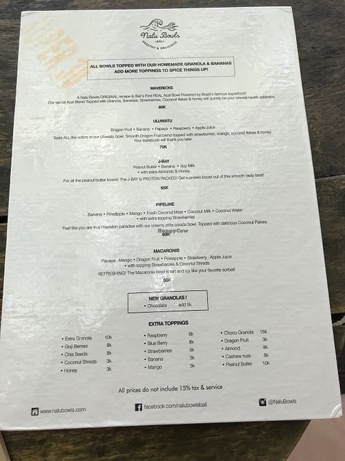 Smoothie Bowl menu (from store next door but served at Nook also) at Nook in Kerobokan Kelod