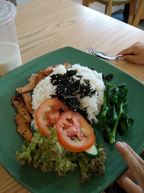 rice  and vegetables dishes.  at Harmony Hut International Food in Northeast Singapore