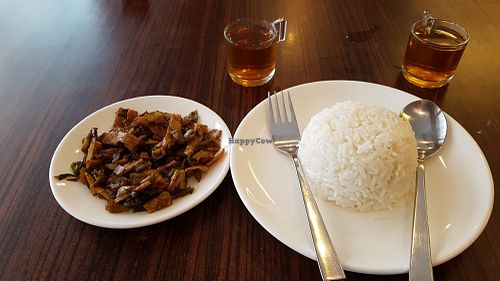 Faux-meat stir fry and rice at PPQ Bakery & Restaurant in Yangon
