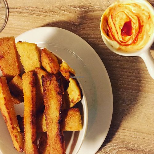 pansies(chickpea fries) with sweet chilli dip. at Süsse Marie Veganerie in Karlsruhe