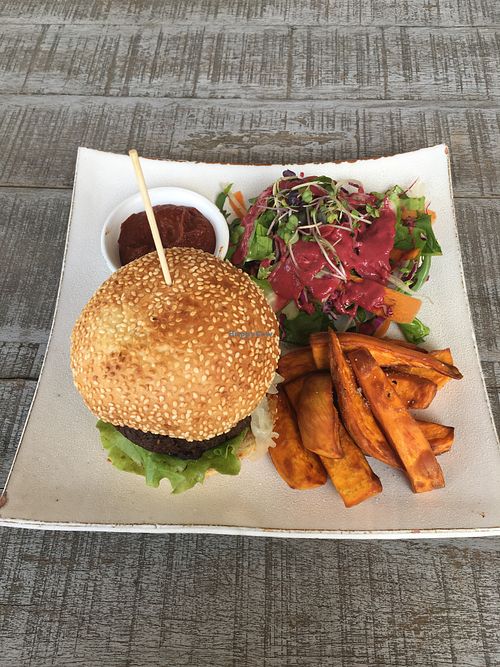 Nomad burger + fries at Vibe Cafe in Phnom Penh