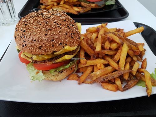 Triple vegan burger and fries at Veggie Corner in Toulouse