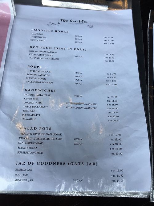 Full menu at The Good Co. in Kuala Lumpur