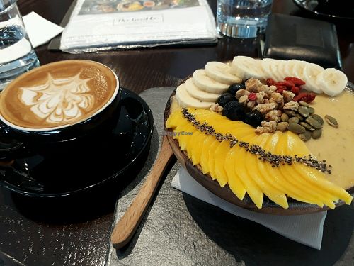 Golden Bowl (vegan upon request) and almond latte at The Good Co. in Kuala Lumpur