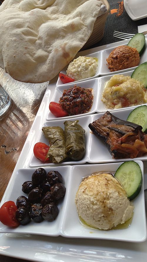 Plentiful selection of appetisers, also vegan bread by request at Constantine's Ark in Istanbul