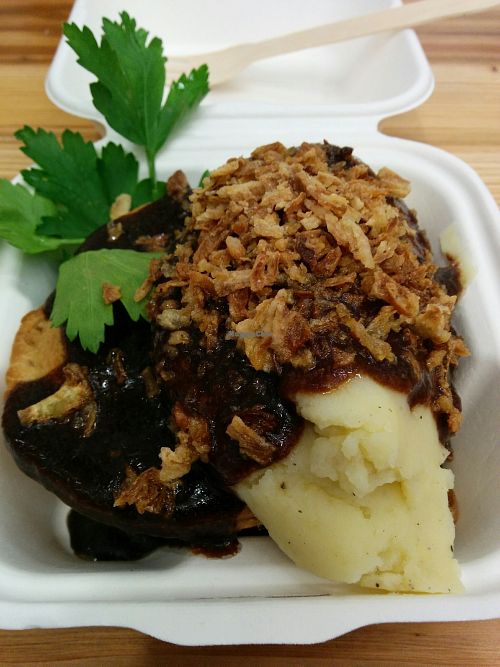 "Steak" and cheez pie and mash, topped with crispy onions, by Young Vegans at Hackney Downs Vegan Market in East London