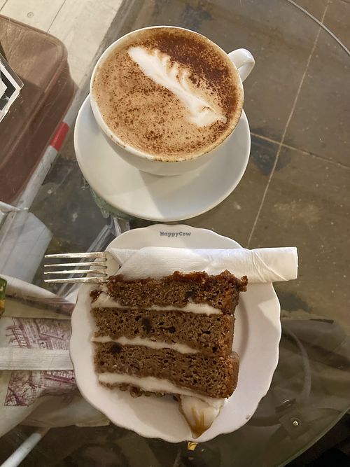 GF coffee & walnut cake & chai latte  at Chapter One in Manchester