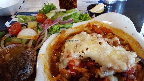 today's special of home made bean chilli in a baked aubergine with vegan cheese at Caffi Glandwr Cafe in Beddgelert