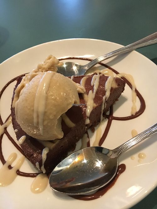 Vegan chocolate cake and Carmel ice cream  at The Present Moment Cafe and Market in St Augustine