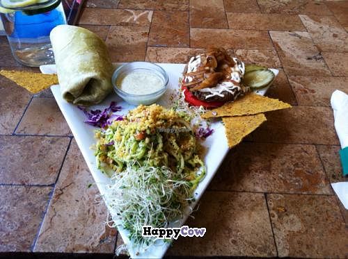 divine sampler plate (1st had a kale salad. & then this) pasta, sandwich wrap & burger.  at The Present Moment Cafe and Market in St Augustine