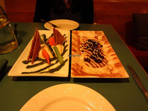Our starter in the second visit. Left: Cashew hummus with raw veggies. Right: Banana+Pecan blueberry pancakes.  at The Present Moment Cafe and Market in St Augustine